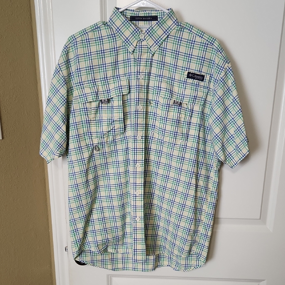 Columbia Men's Super Bahama PFG Blue, Green and Yellow Plaid Shirt, like new!